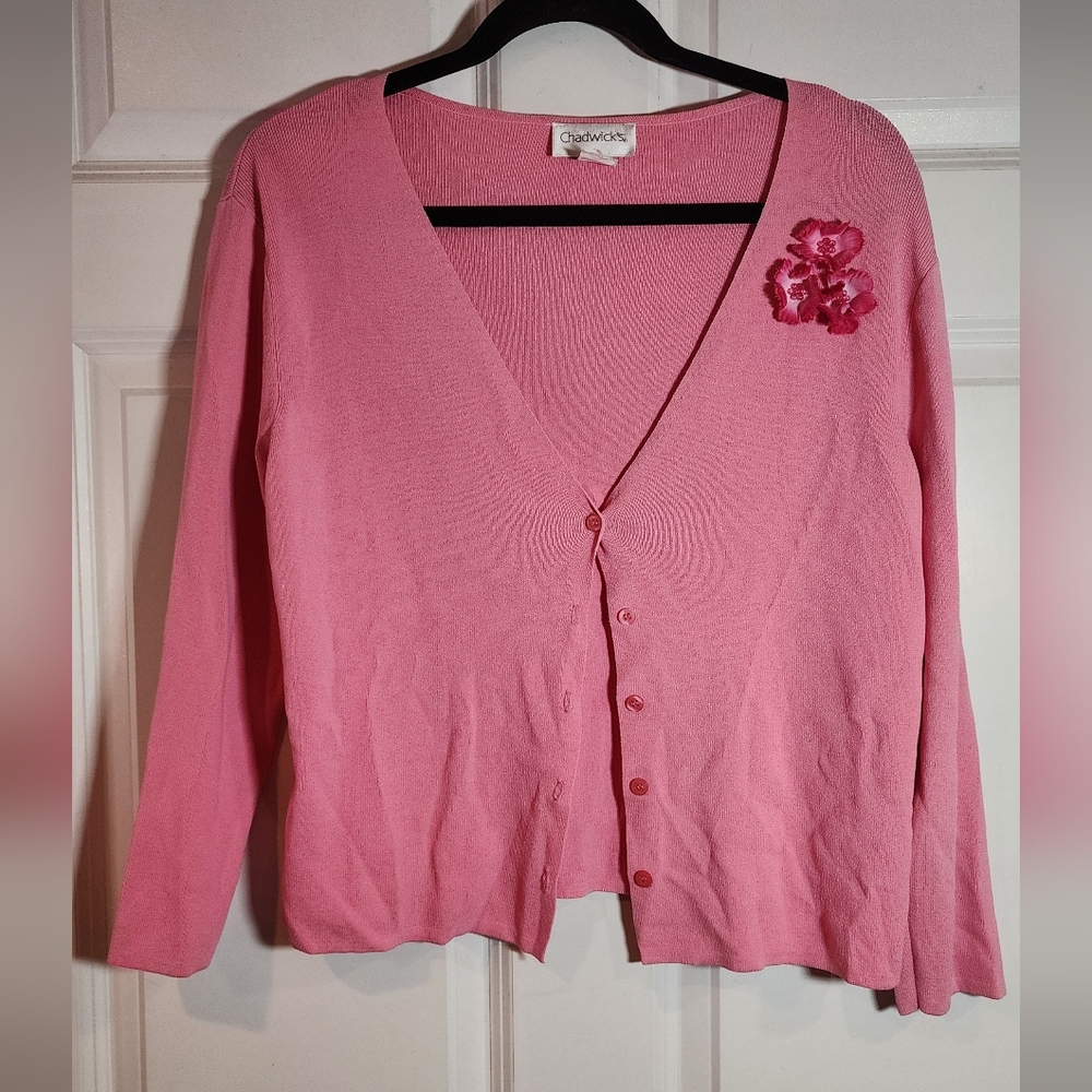 Chadwicks Stretchy Pink Button Front Cardigan Sweater With Flower Accent PM